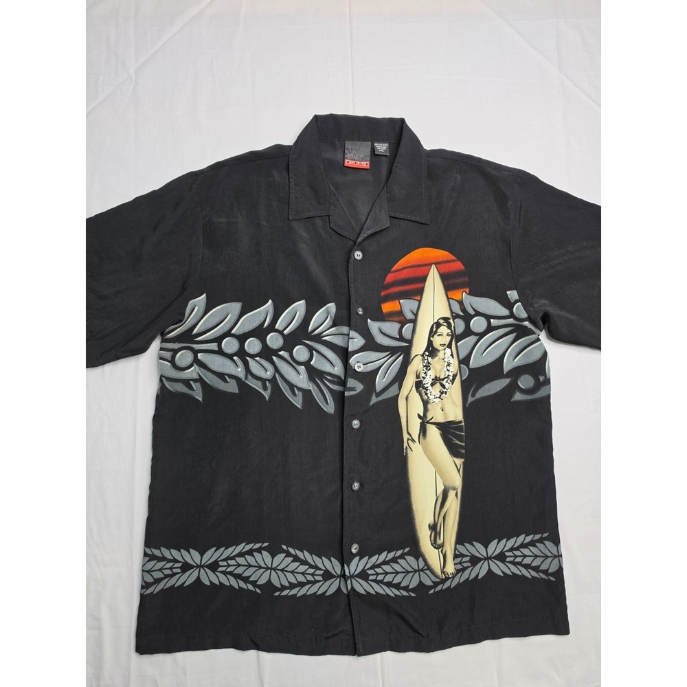 C-TWO Hawaiian Shirt Men 2XL Black Surfer Girl & Surfboard Camp Collar Button-Up